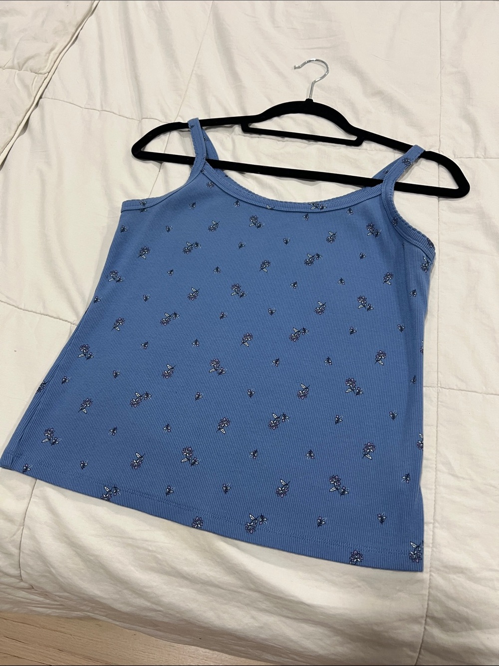 Blue Floral Ribbed Cami Tank Top